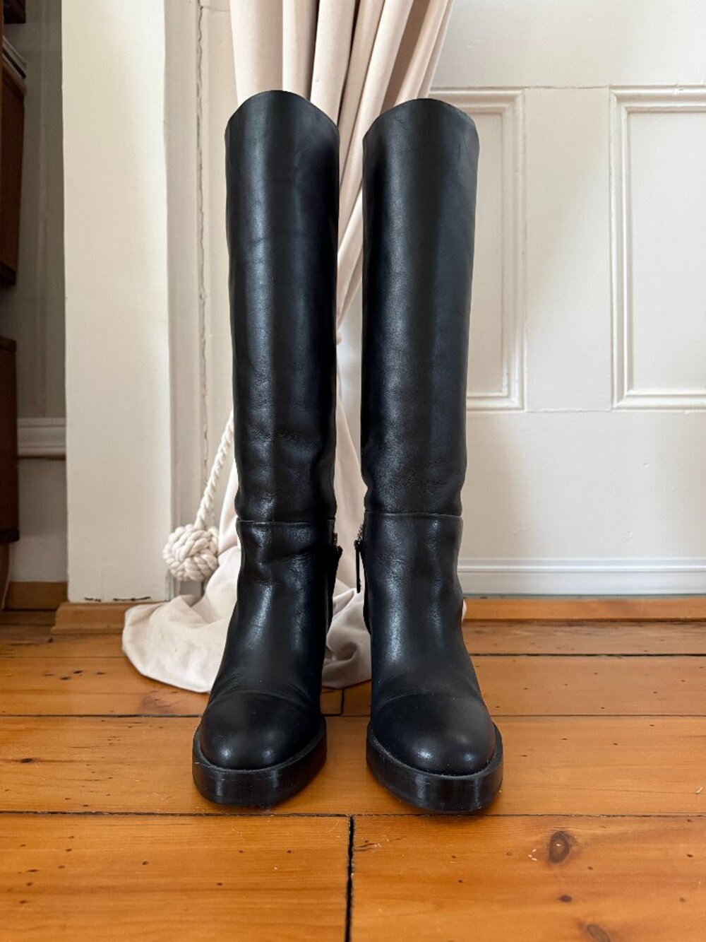 Zara Black Leather Knee-High Boots Block Heel Minimal Classic Size 7.5 - Picture 3 of 6